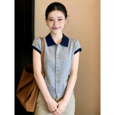 批发灰色Polo领短袖针织开衫女2026新款夏季韩系chic早<b class='q'>春</b>气质女士上衣