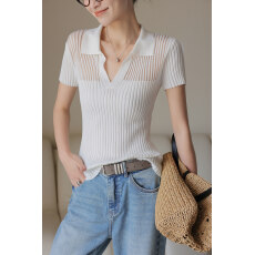 批发JWUNIQUE酒窝米白色短袖<b class='q'>镂空</b>坑条针织T恤女2026夏季新款修身上衣