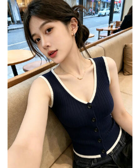 한 부서 V넥 배색 단추 조끼 니트 스웨터 여성 2026 여름 새로운 몸매 가꾸기 슬림해 보이는 외국 가스 연령 감소 맨위
