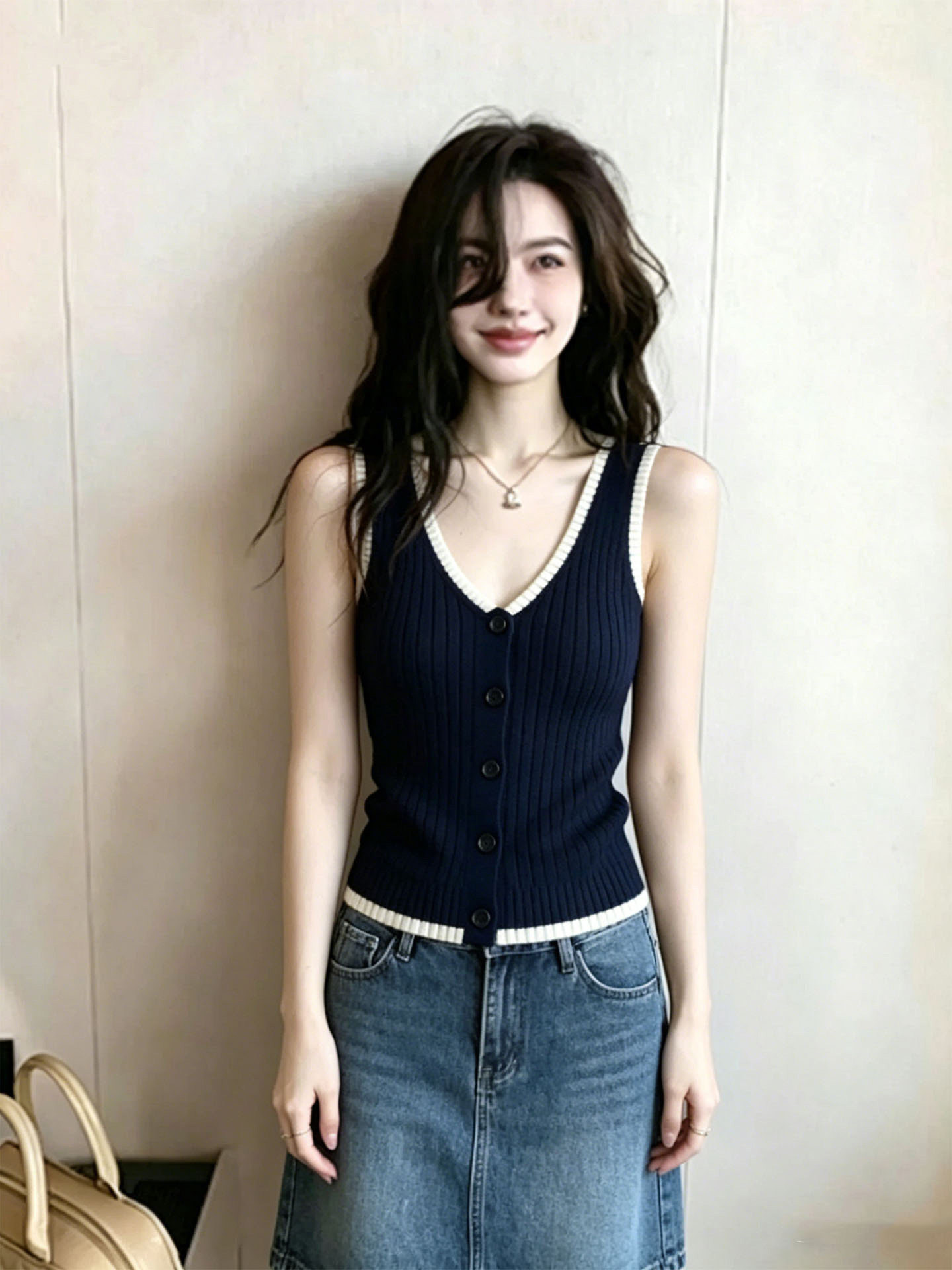 순수한 욕망 섹시함 달콤한 핫걸 레트로 패치워크 색상 캐미솔 외출용 여름 아름다운 아름다운 니트 민소매 맨위