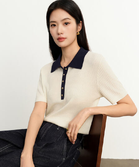 뽕나무 누에 실크 기초 배색 칼라 반팔 니트 스웨터 26 여름 새로운 반팔 맨위