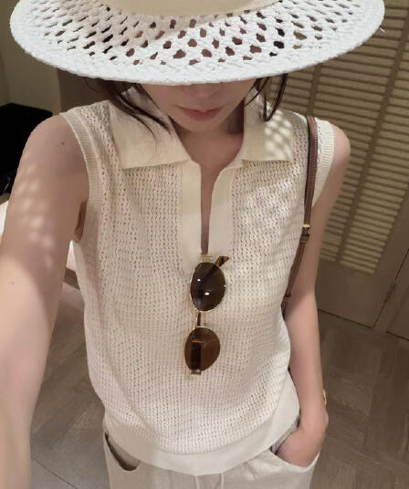 프랑스식 얼음 실크 홀로우 아웃 POLO 칼라 민소매 조끼 여성 여름 고유 한 품격 루즈핏 슬림해 보이는 다용도 어깨 맨위