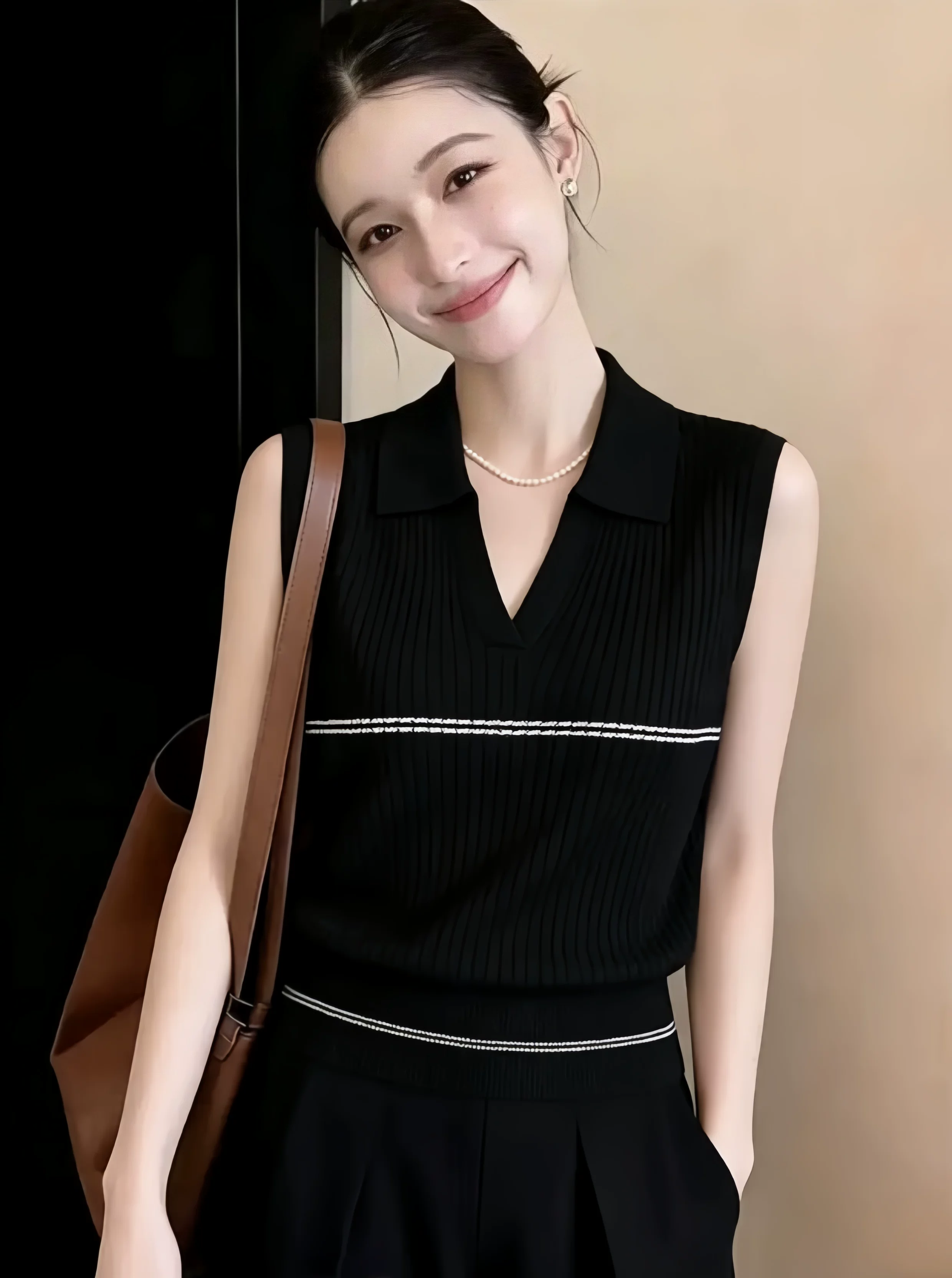 작은 키 스트라이프 니트 스웨터 캐미솔 여름 POLO 칼라 외출용 인사이드 가져 가라. 민소매 V넥 맨위 품격