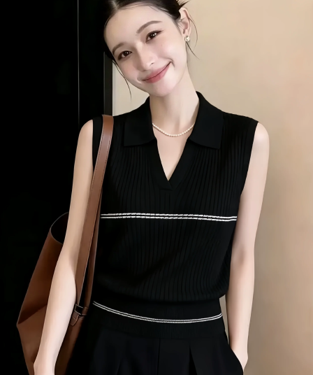 작은 키 스트라이프 니트 스웨터 캐미솔 여름 POLO 칼라 외출용 인사이드 가져 가라. 민소매 V넥 맨위 품격