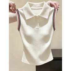 批发时尚简约米白色POLO领半扣无袖<b class='q'>背心</b>女夏季新款不撞款百搭显瘦上衣