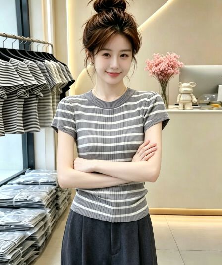 한 부서 캐주얼 학원 스타일 배색 스트라이프 라운드 넥 반팔 니트 스웨터 여성 여름 새로운 몸매 가꾸기 슬림해 보이는 맨위 트렌디