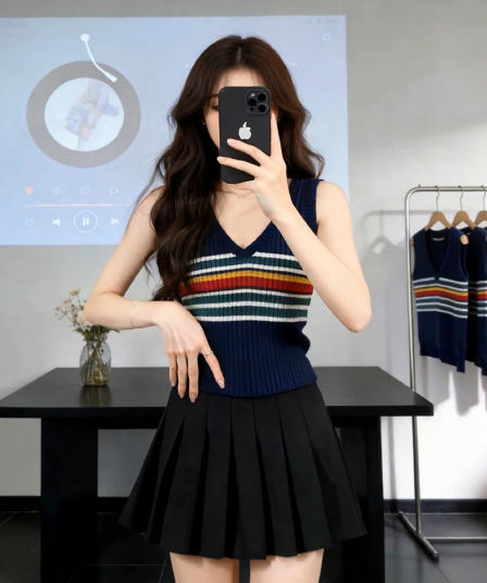 한 부서 스트라이프 V넥 니트 캐미솔 여름 몸매 가꾸기 슬림해 보이는 작은 대중 디자인 센스 해군 배색 맨위