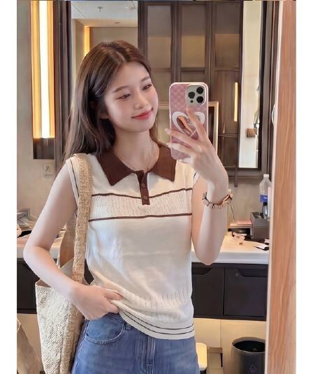 한국 스타일 캐주얼 고급 센스 POLO 칼라 배색 니트 민소매 여성 여름 패션 루즈핏 연령 감소 출퇴근 맨위 트렌디