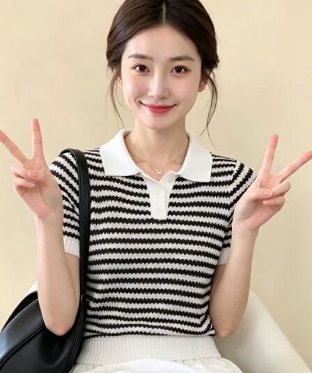 새로운 여름 오래된 돈 바람 폴로 칼라 스트라이프 POLO 칼라 얼음 실크 니트 티셔츠 여성 프랑스식 품격 반팔 맨위 얇은