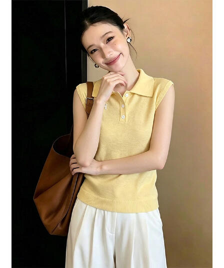 POLO 칼라 Chic 작은 대중 나비 매듭 니트 조끼 여성 여름 황색 다용도 민소매 미니멀리즘 디자인 센스 맨위