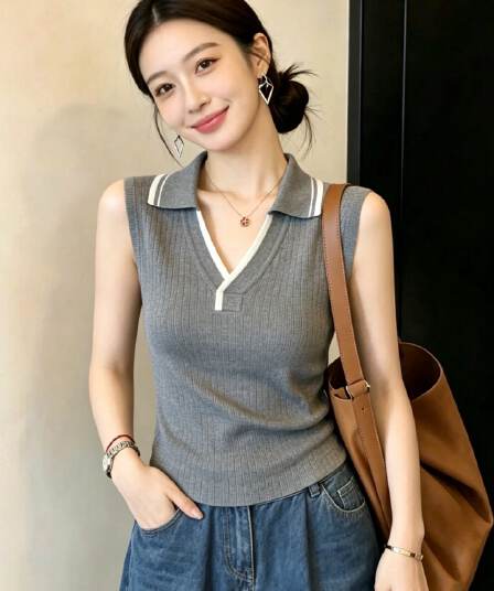 오래된 돈 바람 배색 POLO 칼라 니트 조끼 여성 여름 고급 센스 착용 가져 가라. 슬림해 보이는 품격 다용도 미니멀리즘 어깨