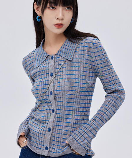 POLO 칼라 싱글 줄 버튼 플러스 긴팔 신축성 슬림해 보이는 몸매 가꾸기 회색 스트라이프 니트 오픈 가디건 여성 코트 2026 새로운