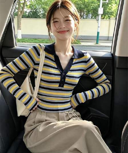아메리칸 레트로 배색 스트라이프 니트 기본 셔츠 여성 인사이드 가져 가라. 디자인 센스 가을 겨울철 몸매 가꾸기 긴팔 긍정적 인 어깨 의류