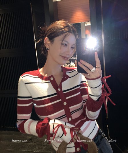 linoneone miu 우는 소리 연인 빨간색과 흰색 스트라이프 나비 매듭 긴팔 신축성 몸매 가꾸기 니트 오픈 가디건