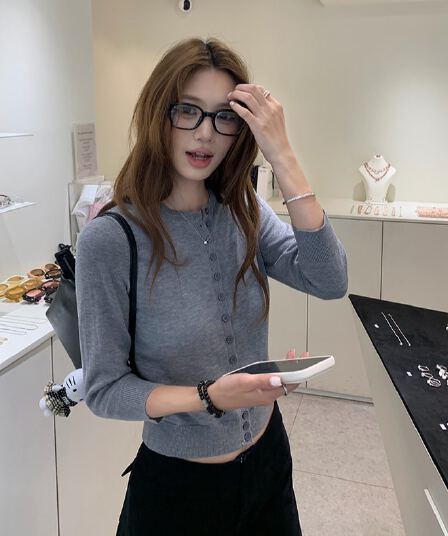 xzichic 라운드 넥 긍정적 인 어깨 8 점 소매 모직물 오픈 가디건 싱글 줄 버튼 기초 다용도 캐주얼 여성 새로운