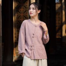 批发棉麻复古禅意茶服女秋季新款中式斜襟盘扣上衣苎麻<b class='q'>长袖</b>衬衫