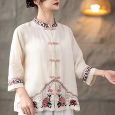 批发新中式立领衬衫女<b class='q'>夏</b>季新款复古对襟盘扣刺绣七分袖棉麻唐装上衣女