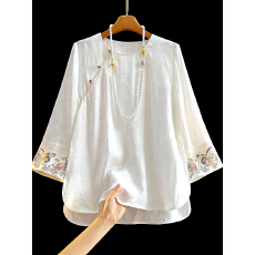 批发圆领新中式提花<b class='q'>衬衫</b>七分袖女2026新款休闲复古刺绣国风女士上衣