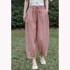 批发夏季新款纯棉文艺复古休闲裤显瘦棉麻花边拼接九分休闲<b class='q'>哈伦</b>裤女