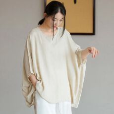 批发<b class='q'>文艺</b>复古<b class='q'>范</b>T恤衫休闲中袖设计感蝙蝠袖套头上衣圆领T恤