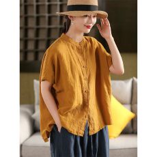 批发<b class='q'>文艺</b><b class='q'>范</b>休闲短袖棉麻衬衫上衣夏季新款百搭宽松休闲立领开衫大码女