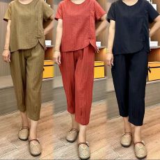 批发<b class='q'>夏季</b>新款<b class='q'>中老年女装</b>纯色透气时尚大码显瘦薄款套装