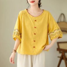 批发刺绣文艺高级感圆领上衣女透气棉麻短袖T恤<b class='q'>中老年</b><b class='q'>妈妈</b>装