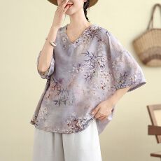 批发天丝棉<b class='q'>加肥</b><b class='q'>加大</b>夏季薄款清凉宽松国风印花新中式V领短袖上衣
