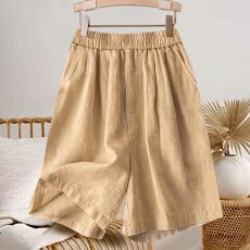 批发棉麻短裤女2026夏季新款纯色<b class='q'>复古</b>松紧腰宽松休闲五分裤