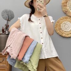 背心无袖棉麻衬衫上衣夏季新款马卡龙色系温柔开衫木耳边设计女装