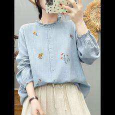 批发森系文艺绣花木耳领<b class='q'>衬衫</b>女长袖柔软亲肤透气宽松全棉双层棉纱上衣