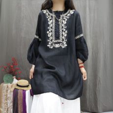 批发2026春夏复古苎麻重工刺绣文艺百搭<b class='q'>上衣</b>宽松洋气中长款休闲衬衫裙