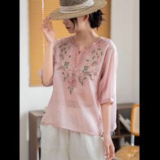 批发苎麻刺绣衬衫女2026夏季新款剪刀领套头小衫宽松显瘦五分袖<b class='q'>上衣</b>
