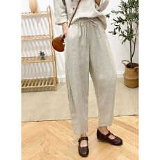 批发新款文艺复古风纯色<b class='q'>哈伦</b>裤女高腰盘扣九分<b class='q'>休闲裤</b>