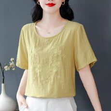 批发时尚刺绣<b class='q'>短袖</b>棉麻<b class='q'>T</b><b class='q'>恤</b>女士夏装新款宽松休闲小衫洋气妈妈遮肚上衣