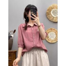 批发双层棉纱短袖衬衫女夏装<b class='q'>外贸出口</b>日单高品质柔软亲肤透气纯色上衣