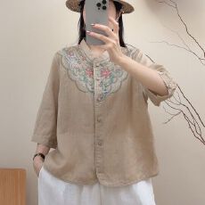 批发新中式复古刺绣棉麻<b class='q'>衬衫</b>女夏季新款文艺五分袖薄款透气小衫上衣