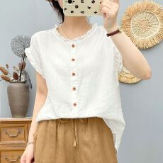 批发水洗棉纱小飞袖<b class='q'>衬衫</b>女夏装文艺小清新木耳领柔软亲肤纯棉无袖上衣