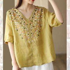 批发新款复古重工立体刺绣<b class='q'>衬衣</b>女气质V领套头衫棉麻<b class='q'>衬衫</b>上衣