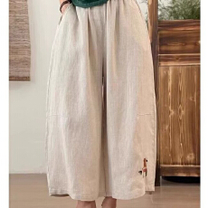 批发2026夏宽松复古刺绣小马休闲裤大码女装松紧腰阔腿裤棉麻<b class='q'>九分</b>裤子