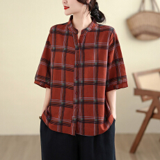 批发棉麻<b class='q'>格子</b>衬<b class='q'>衣</b>女夏季新款妈妈宽松大码T恤休闲洋气百搭衬<b class='q'>衫</b>上衣