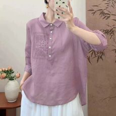 批发文艺刺绣七分袖衬衫女夏季<b class='q'>妈妈装</b>新款<b class='q'>上衣</b>气质百搭减龄翻领衬衣女