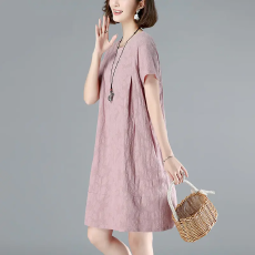 批发棉麻<b class='q'>提花</b><b class='q'>连衣裙</b>中长款2026年新大码韩版休闲宽松短袖气质A字裙潮
