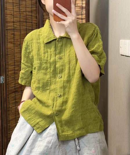 레트로 면 린넨 여성 셔츠 여름 새로운 단색 반팔 연령 감소 품격 문예 캐주얼 루즈핏 다용도 맨위 여성
