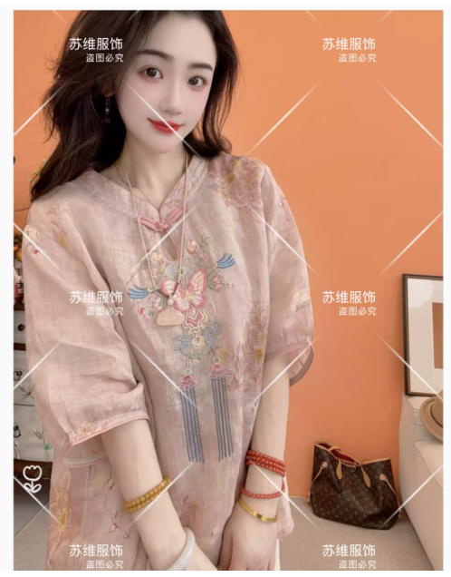 새로운 중식 스탠드 칼라 자수 단추 라미 반팔 여성 셔츠 여름 슈퍼 잘 생긴 얇은 스타일 개선 당나라 면 린넨 맨위