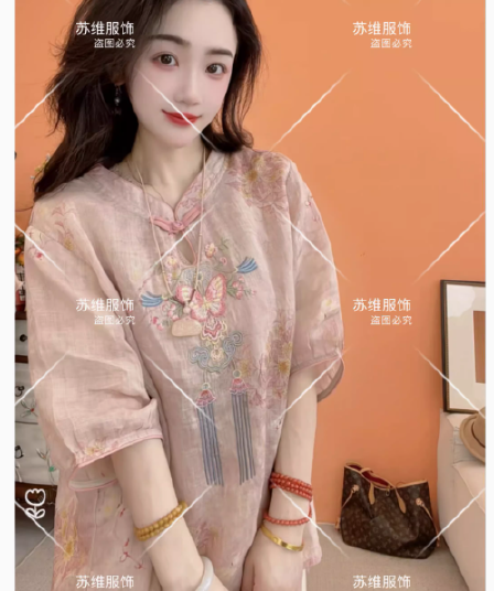 새로운 중식 스탠드 칼라 자수 단추 라미 반팔 여성 셔츠 여름 슈퍼 잘 생긴 얇은 스타일 개선 당나라 면 린넨 맨위