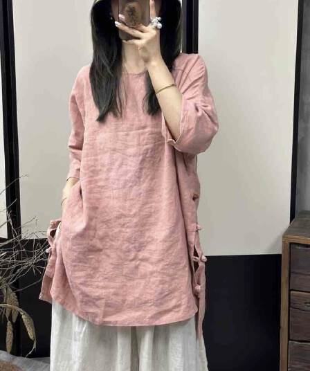 여름 대외 무역 셔츠 여성 의류 라미 레트로 라운드 넥 루즈핏 7부 소매 트임 단추 중간 길이 면 린넨 맨위