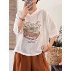 批发夏季新款韩版休闲百搭连帽印花<b class='q'>T</b><b class='q'>恤</b>女五分<b class='q'>袖</b>薄款体恤上衣