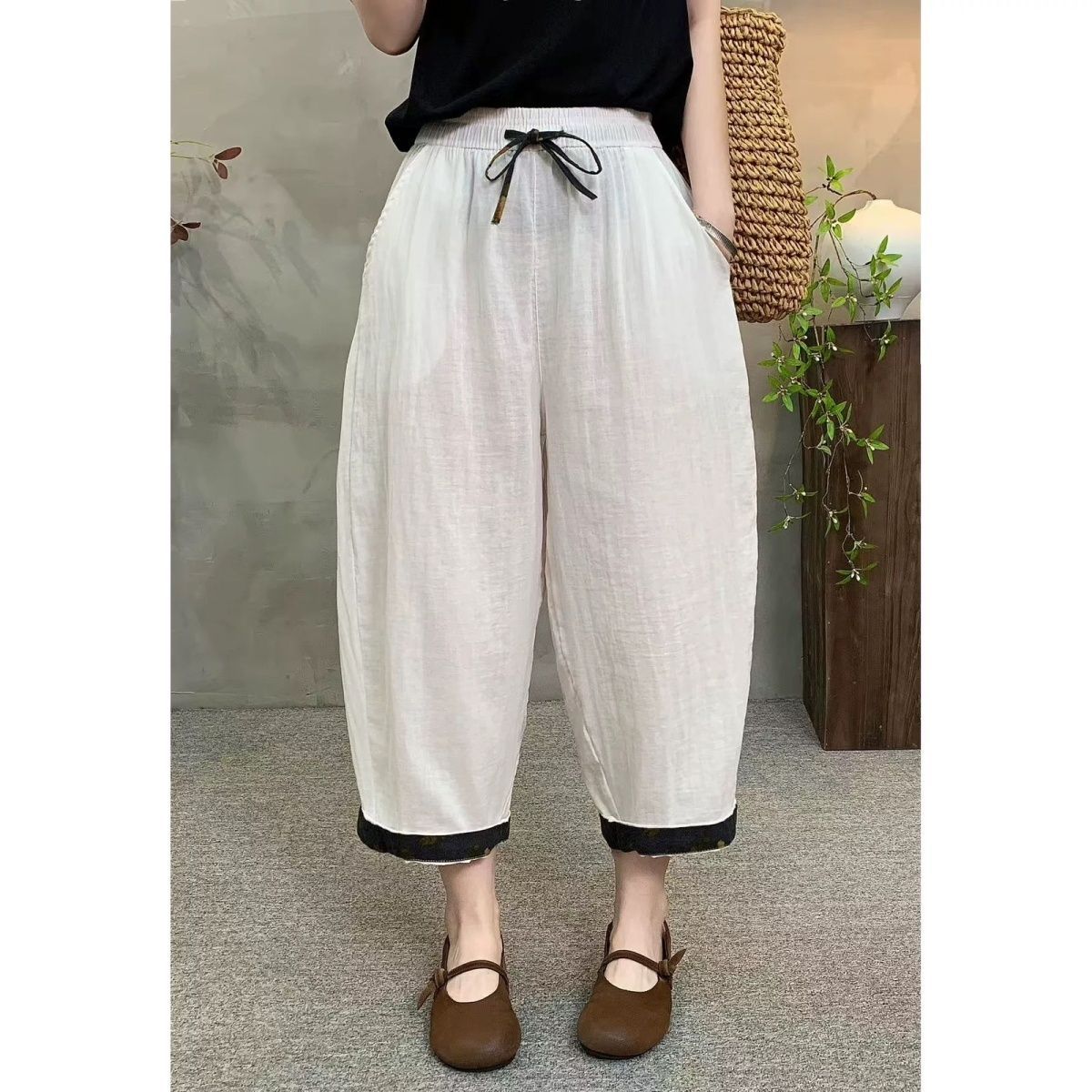 새로운 루즈핏 면 린넨 하렘 바지 여성 편안함 통기성 아빠 바지 레트로 문예 루즈핏 패치워크 색상 캐주얼 바지 여성