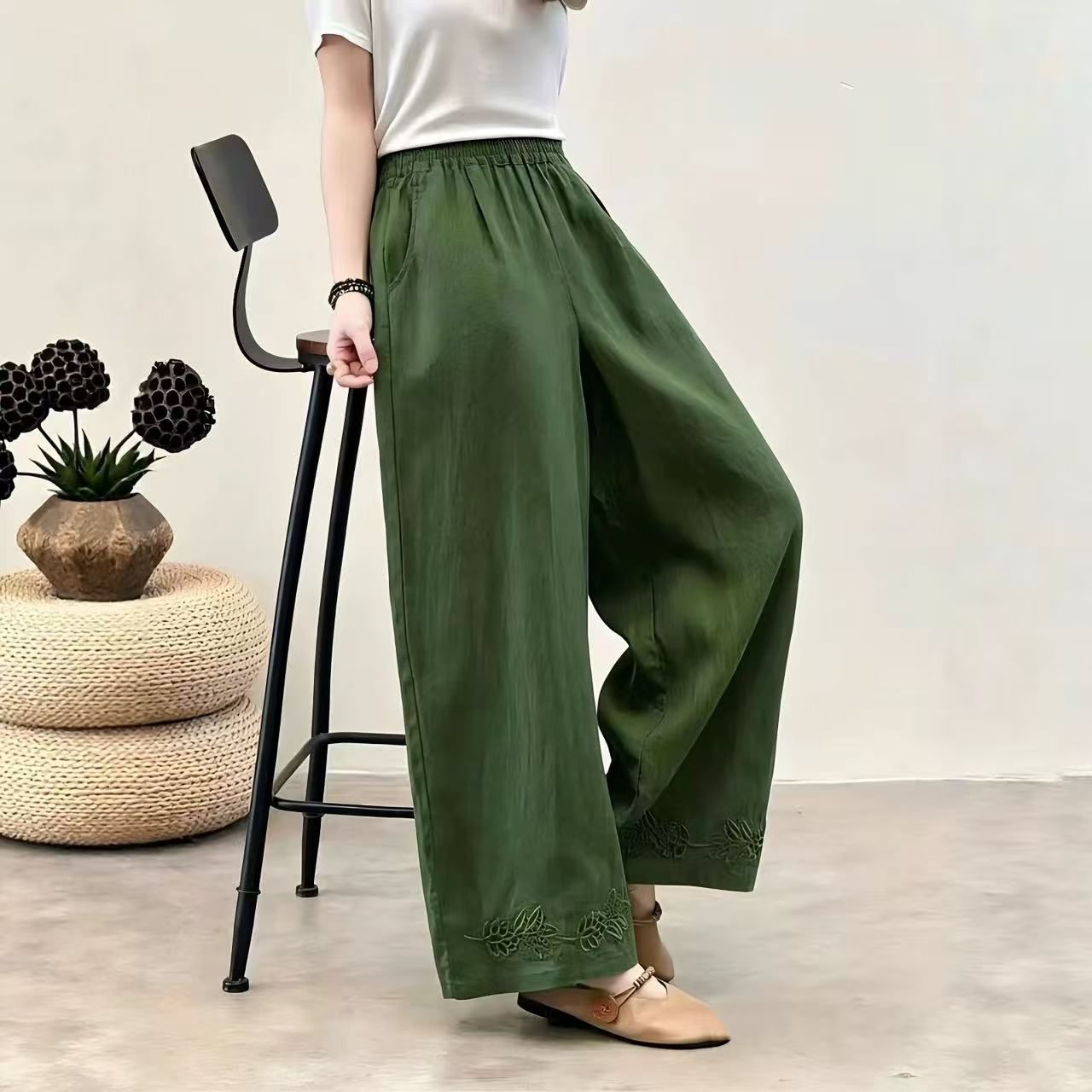 문예 선택하지 마라. 몸 레트로 홀로우 아웃 자수 면 린넨 와이드 레깅스 바지 여름 루즈핏 캐주얼 바지 면 린넨 스트레이트 팬츠 트렌디
